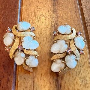 Vintage TRIFARI Moonstone Fruit Salad Rhinestone Earrings Clip On